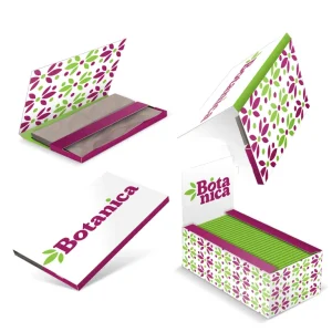Full custom 1 1/4 rolling papers with built-in tips and branded box, available in bleached or unbleached hemp, rice, or wood pulp