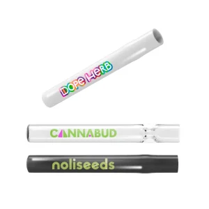Three custom white, clear and black glass chillums with different branding examples
