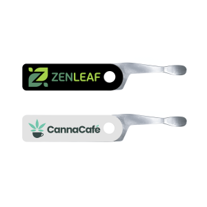 custom dab tool keychain, black and white colors, with a full color logo print